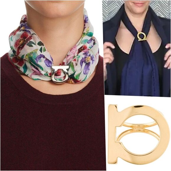 RARE Ferragamo Timeless Chic Gancini Chunky Gold Tone Scarf Ring MINT - Picture 1 of 5